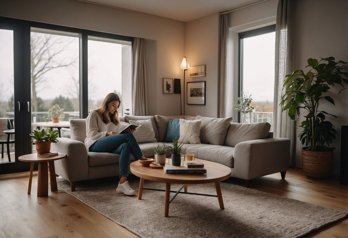 A cozy living room with modern, ergonomic furniture. A person sits comfortably, browsing a FAQ booklet