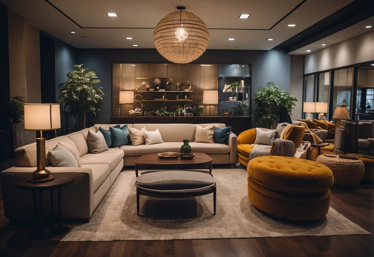 A showroom with modern and classic furniture displays, customers browsing, staff assisting, and a cozy ambiance