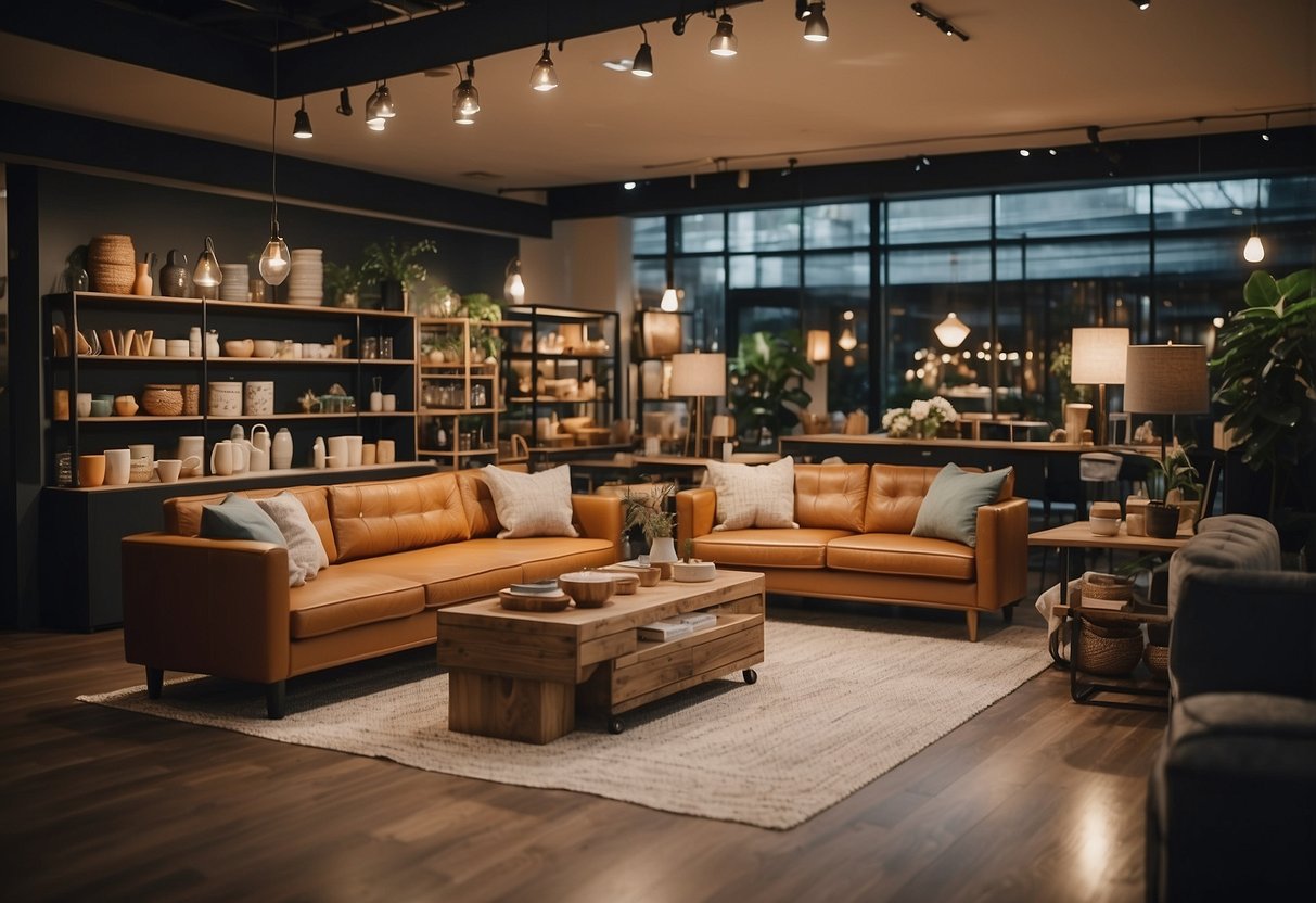 A cozy furniture shop with modern decor, shelves lined with stylish home goods, and a helpful staff assisting customers