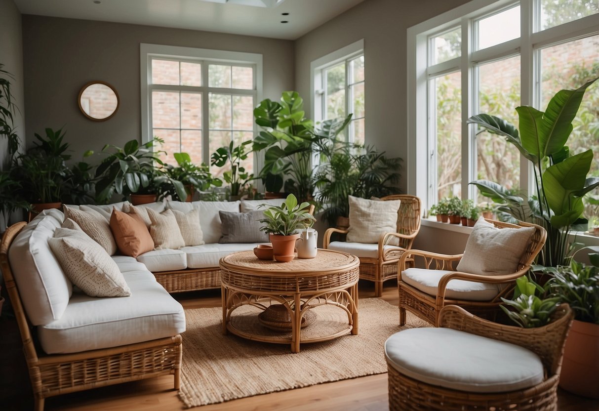 A cozy living room with rattan furniture, including a sofa, coffee table, and armchair. The room is filled with natural light and adorned with potted plants