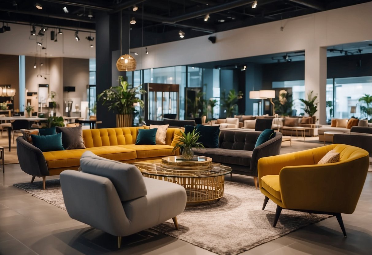 A modern furniture showroom with sleek designs and vibrant displays. Customers browse through the spacious store, admiring the stylish pieces