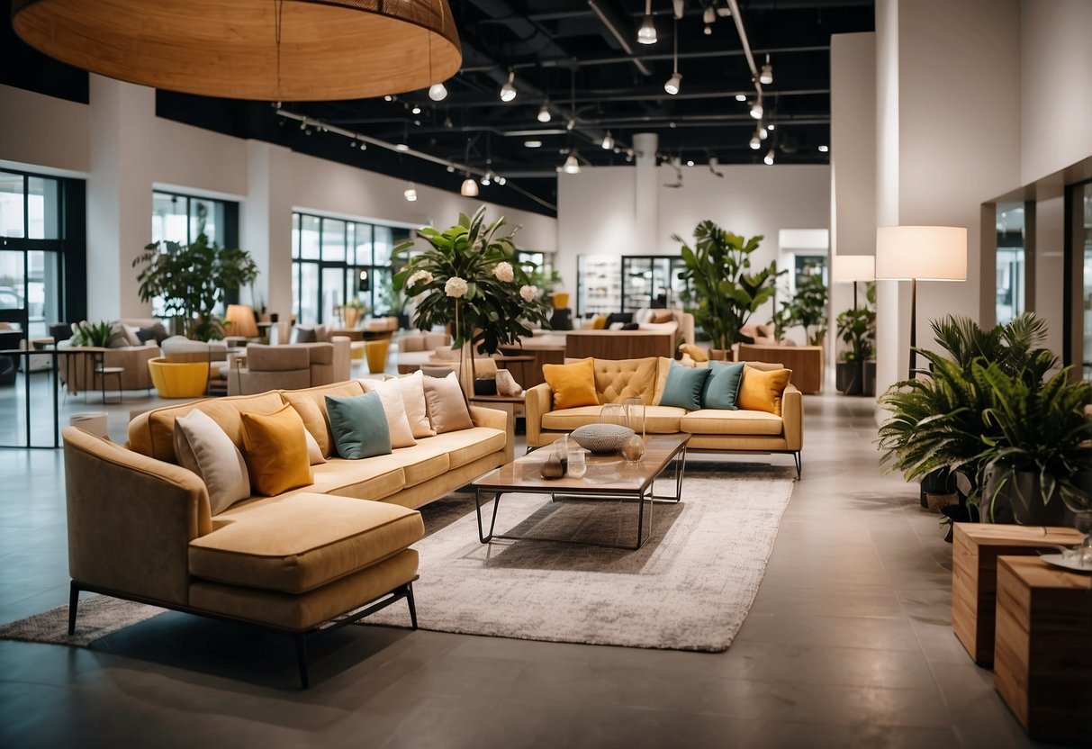 A bright, spacious showroom with modern furniture displays and friendly staff assisting customers. Bold signage and attractive product arrangements create an inviting shopping atmosphere