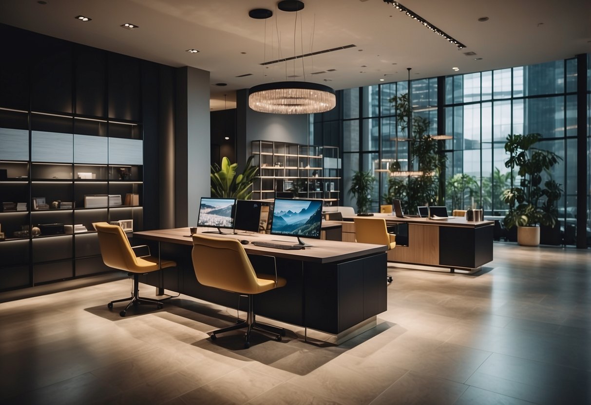 A modern furniture showroom in Singapore with sleek displays and a customer service desk