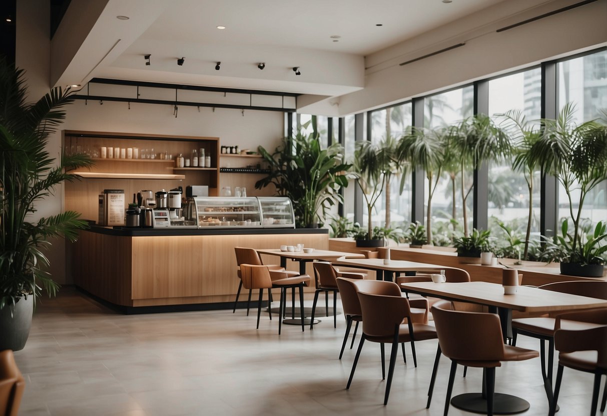 A modern, minimalist cafe in Singapore, with sleek furniture and clean lines. The space is bathed in natural light, creating a warm and inviting atmosphere