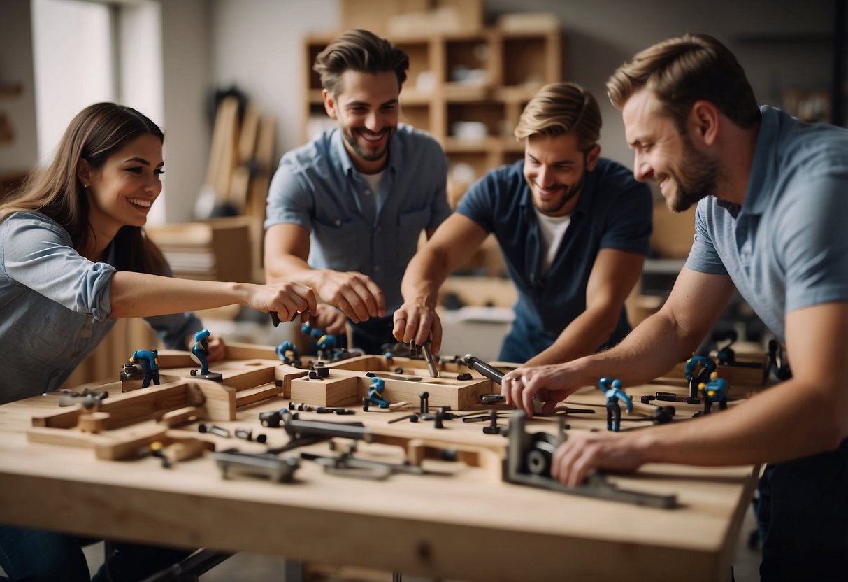 A group of people assembling furniture, passing tools and pieces to each other, working together to complete the task