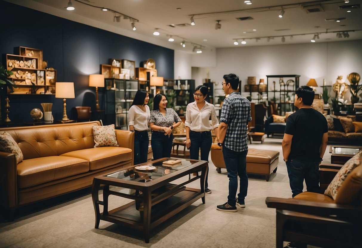 Customers browsing through rows of furniture, admiring various styles and designs in a spacious Johor Bahru furniture store
