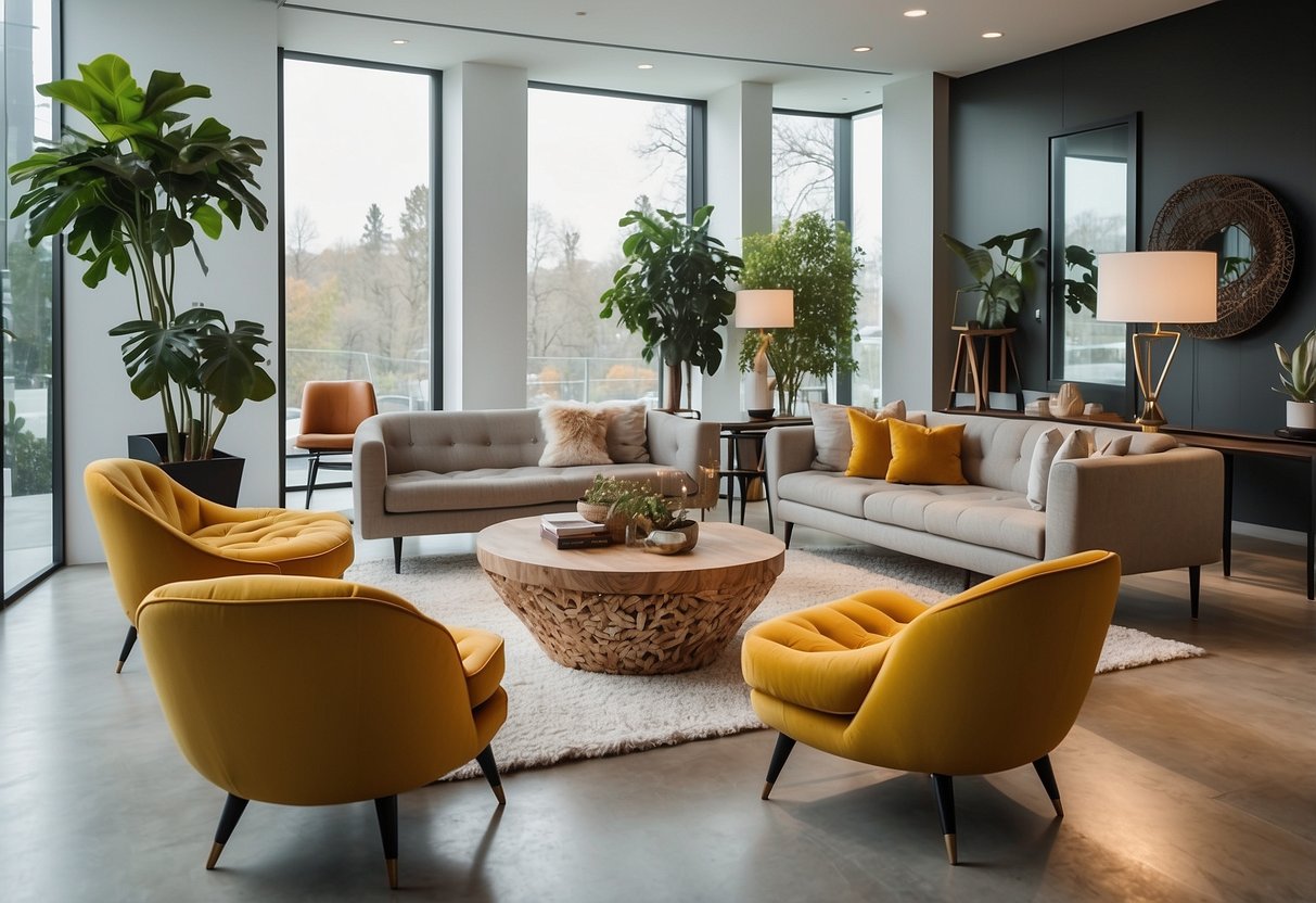 The showroom features modern furniture arranged in stylish vignettes, with clean lines and a minimalist aesthetic. Bright natural light floods the space, highlighting the sleek designs and inviting atmosphere