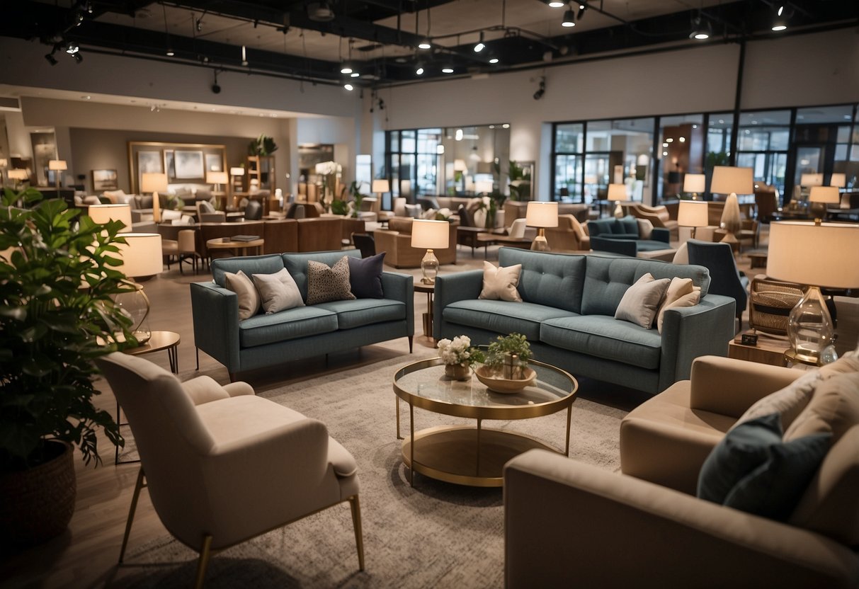 A bustling furniture store with modern displays and a wide range of products. Customers browse through various sections, while staff assist with inquiries