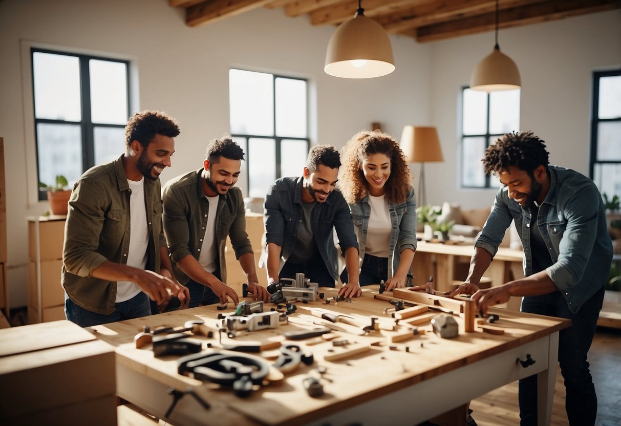 A diverse group of people assembling furniture together in a brightly lit room, with tools and materials scattered around them
