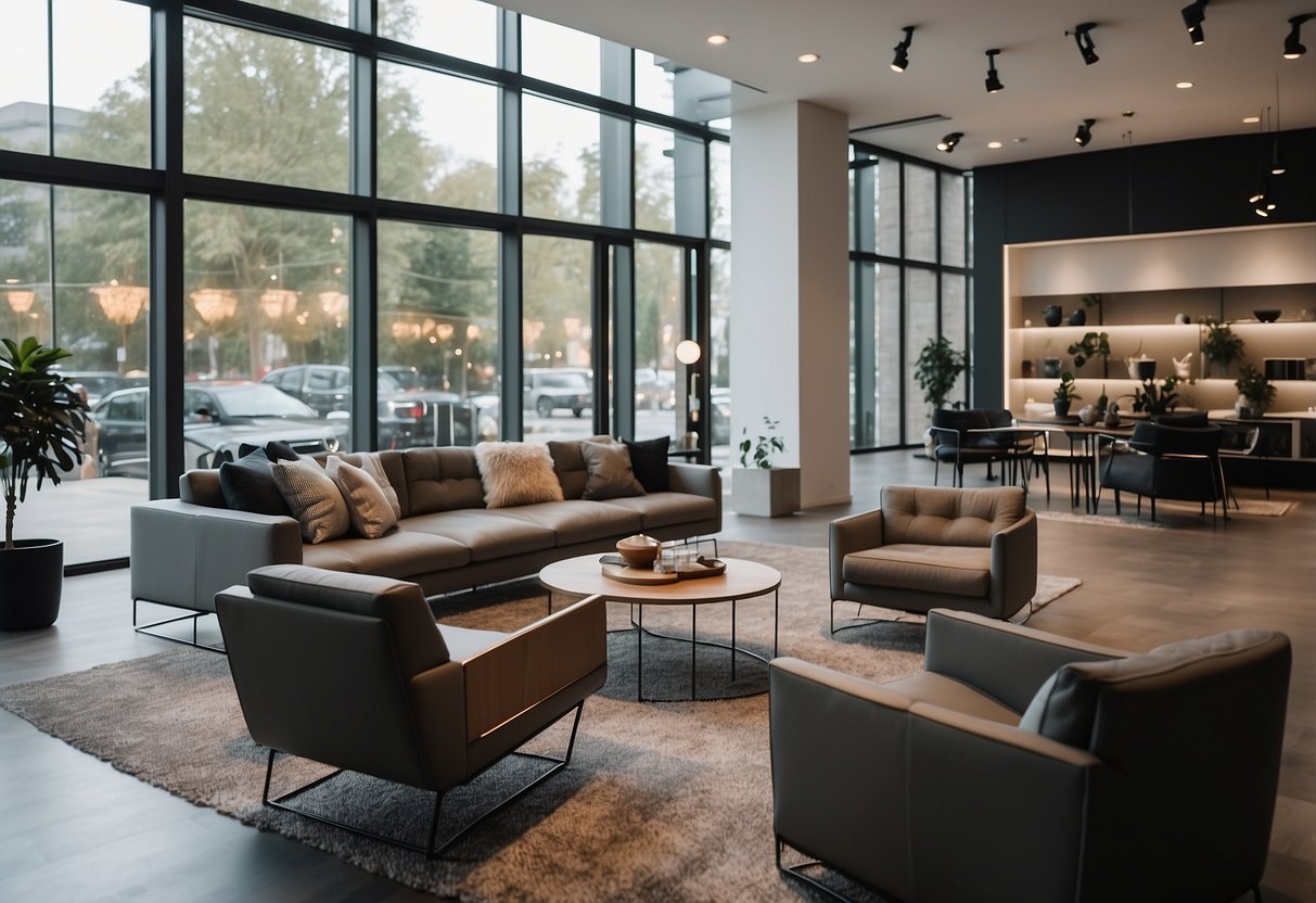A modern furniture showroom with sleek designs, minimalist decor, and ambient lighting