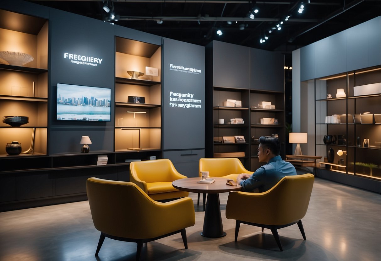 A customer browsing through a display of furniture with a "Frequently Asked Questions" sign in a modern and stylish showroom in Singapore