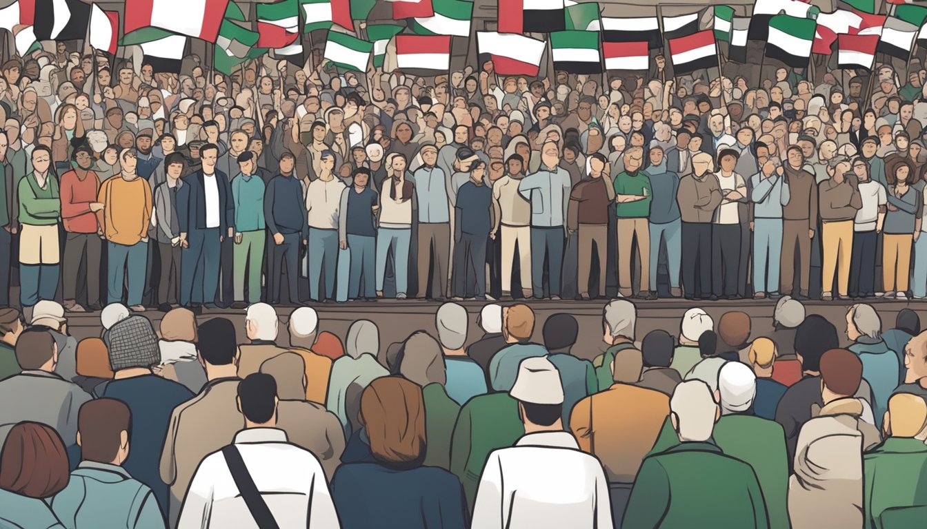 A crowd gathers at a town hall meeting in Yakima, signs and flags showing support for Palestine. News cameras capture the passionate discussion