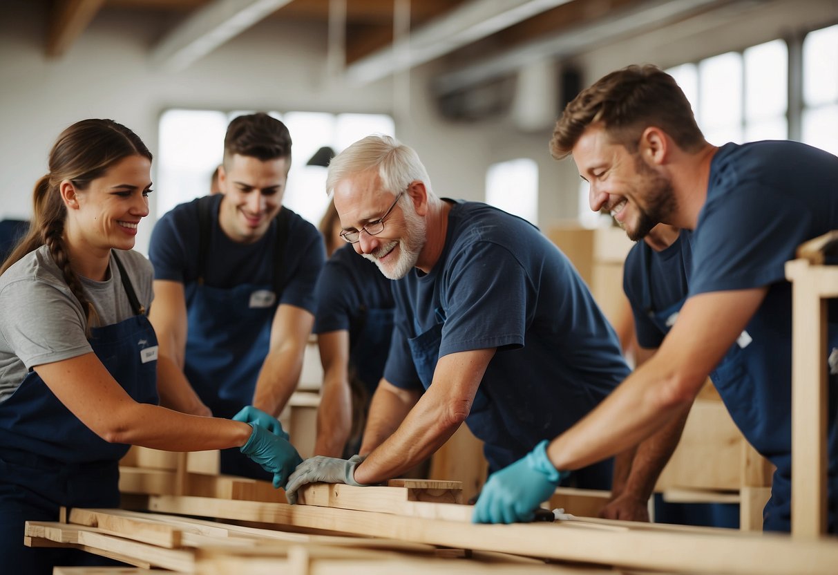 A group of volunteers from Helping Hands assemble furniture, working together with tools and materials in a community space