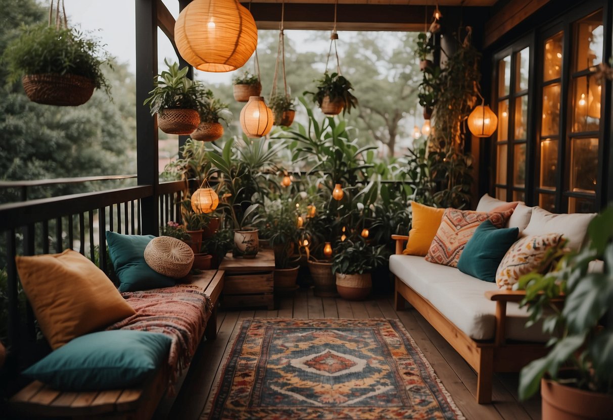 A cozy balcony with colorful rugs, hanging plants, and mismatched furniture creates a boho chic vibe. Lanterns and fairy lights add a warm glow, while floor cushions invite relaxation