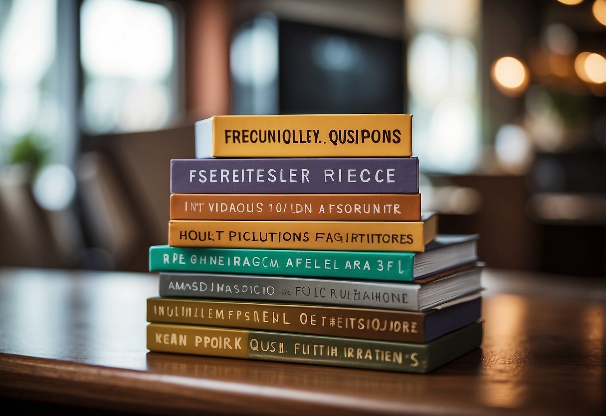 A stack of colorful, neatly organized furniture pieces with a "Frequently Asked Questions" sign nearby