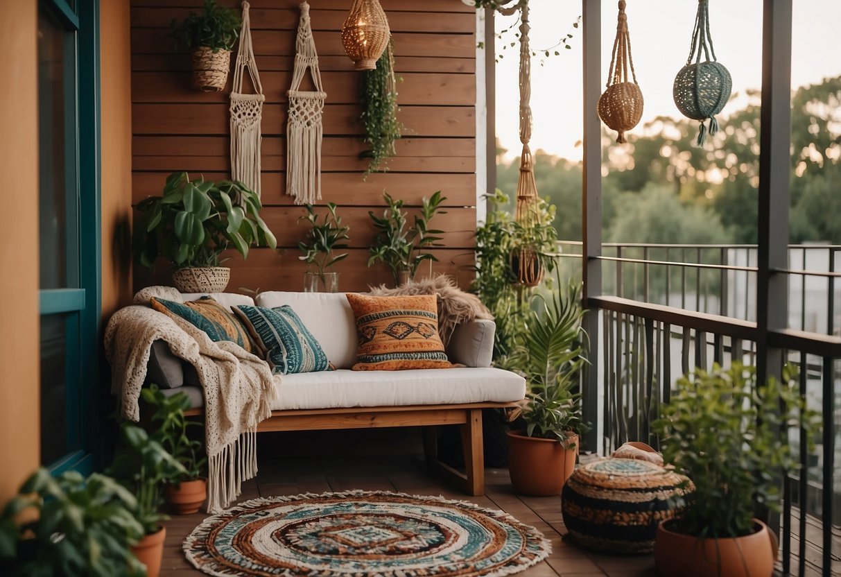 A cozy balcony adorned with colorful rugs, hanging plants, and macrame wall hangings. A mix of bohemian cushions and lanterns create a relaxed, inviting atmosphere