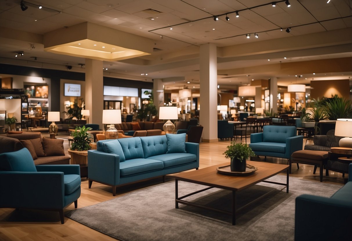 A bustling furniture store with modern displays and comfortable seating areas. Bright lighting and helpful staff create a welcoming atmosphere for shoppers