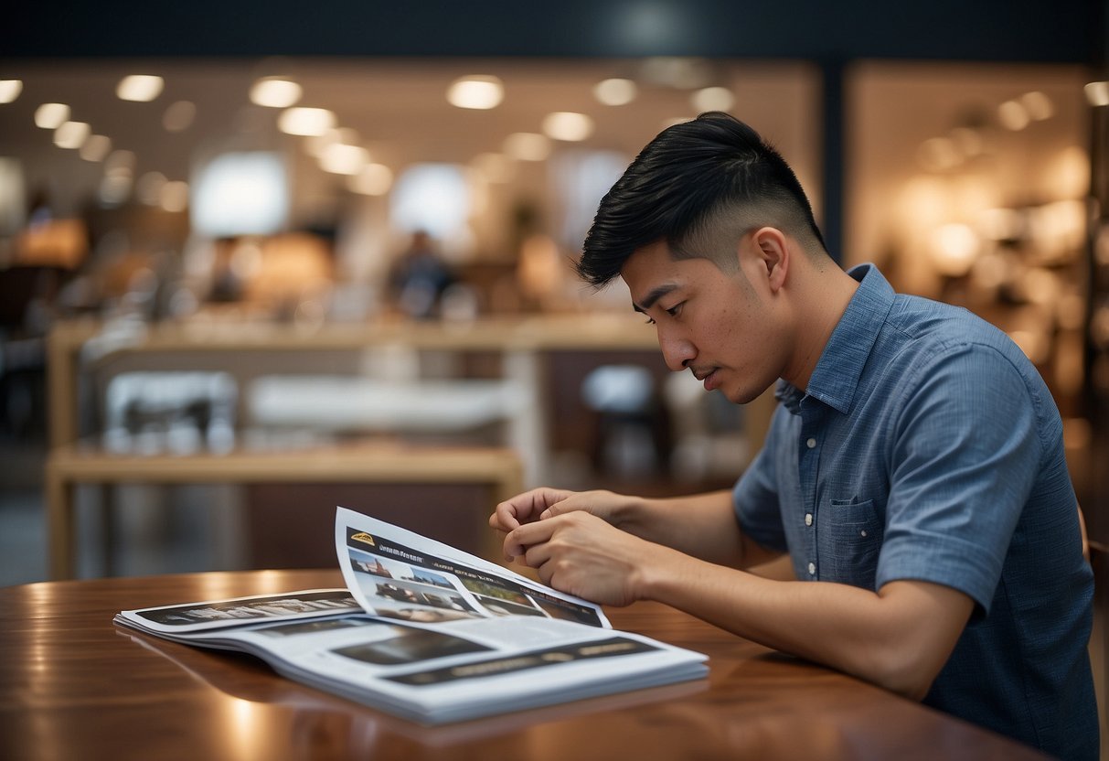 A customer browsing through a brochure of Frequently Asked Questions about Jurong furniture, with various furniture pieces displayed in the background