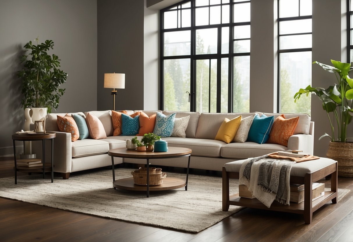 A modern living room with a sleek sectional sofa and a matching coffee table from Ashley Furniture. The room is filled with warm natural light, and the furniture is accented with colorful throw pillows