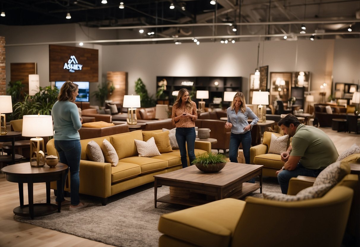 Customers browsing through furniture displays at Ashley Furniture store