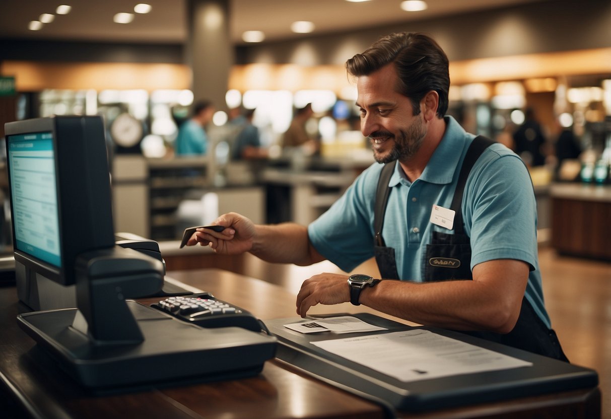 A customer swipes a credit card at the checkout counter of Ashley Furniture, while a staff member processes a financing application