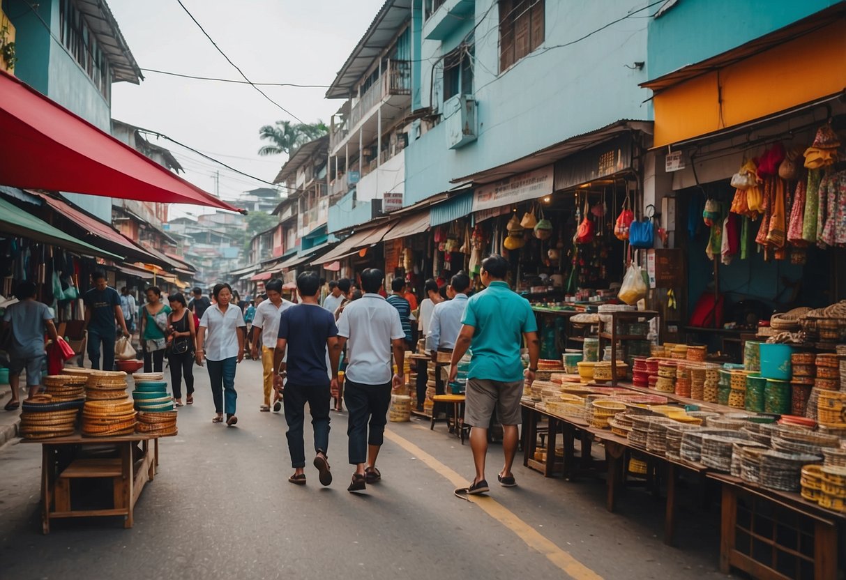 A bustling street lined with colorful furniture shops in Johor Bahru, with customers browsing and vendors showcasing their wares