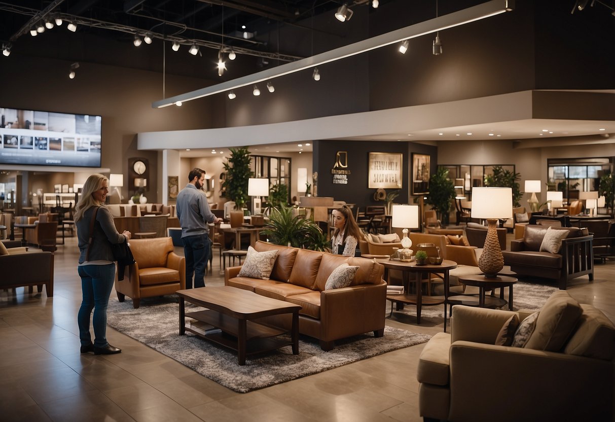 Customers browsing through a display of furniture at an Ashley Furniture store, with a sign reading "Frequently Asked Questions" on a nearby kiosk