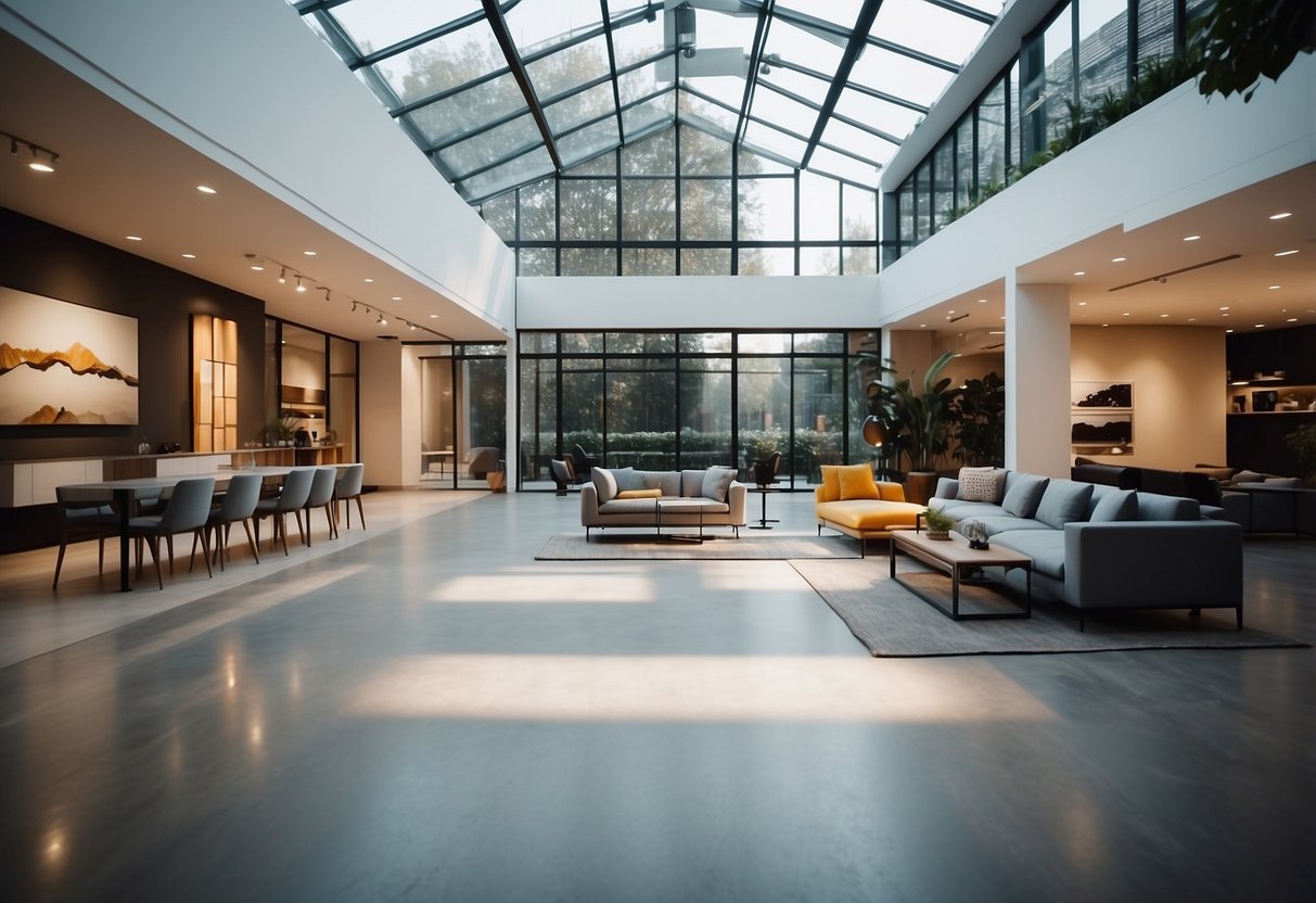 A spacious showroom with modern furniture displays, bright lighting, and a sleek design