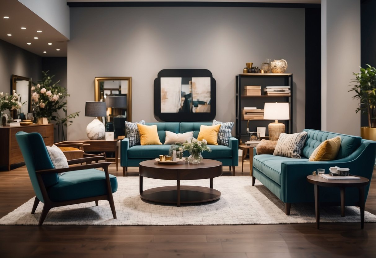 A spacious showroom filled with modern and traditional furniture pieces arranged in an organized and inviting manner