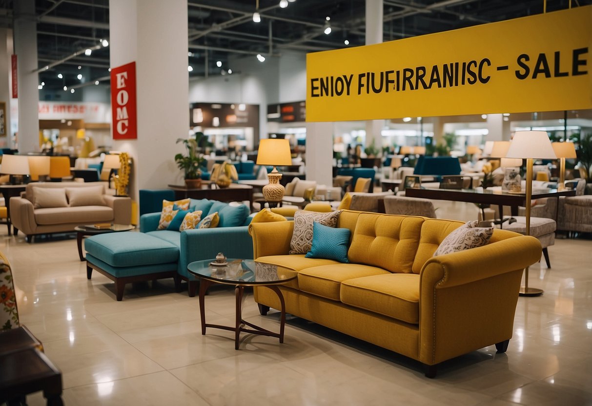 Customers browsing through discounted furniture, colorful tags marking clearance items, and a large sign advertising "Enjoy Savings with Furniture Clearance Sales" at Mega Furniture SG
