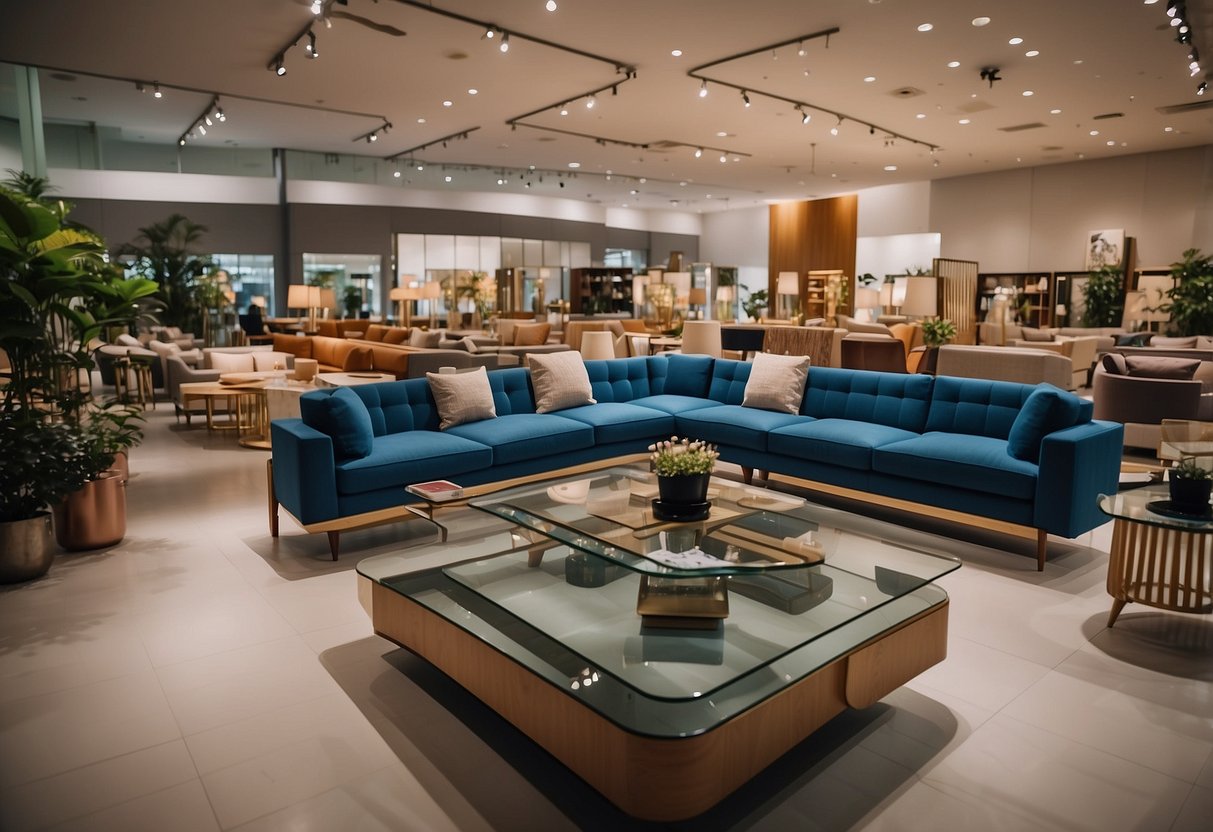 Customers browse modern and traditional furniture displays in a spacious showroom at Paya Lebar furniture stores