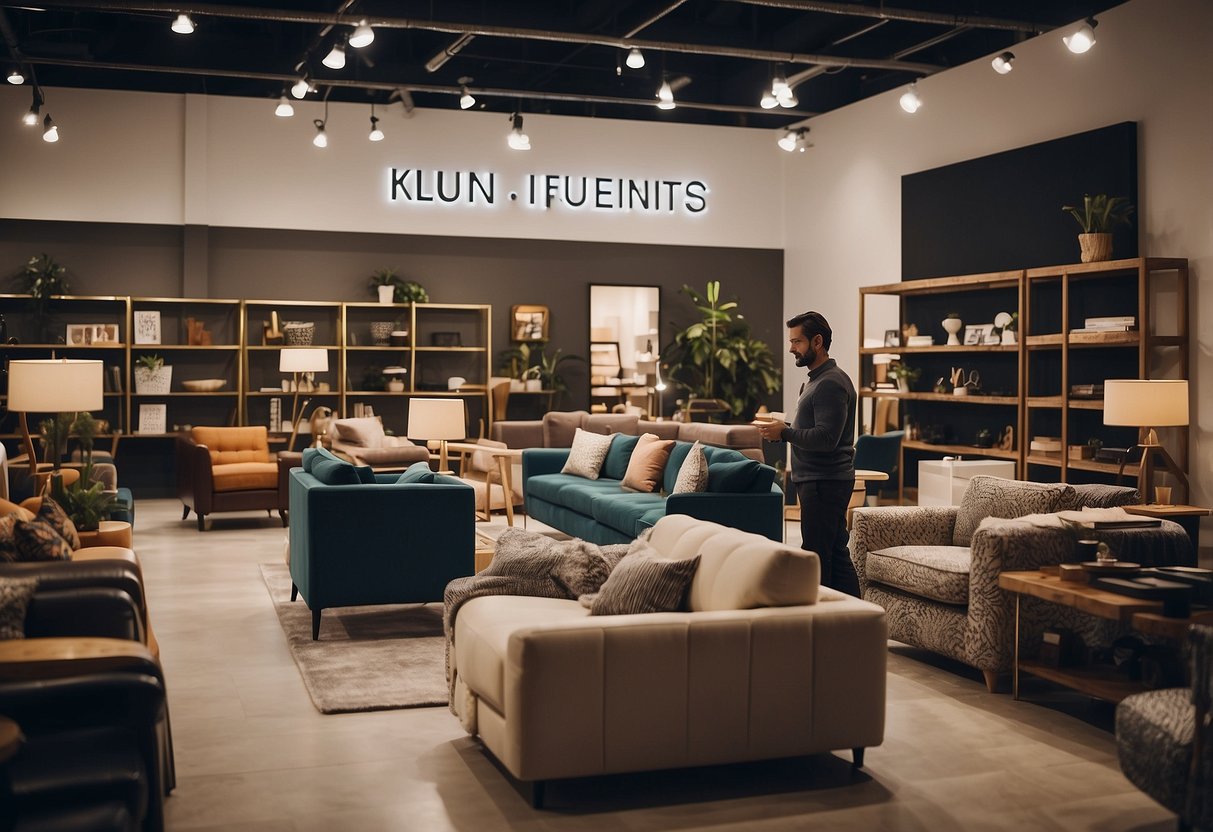 A busy furniture showroom with customers browsing and staff assisting. Shelves stocked with various furniture pieces. Signage and displays showcasing promotions and FAQs