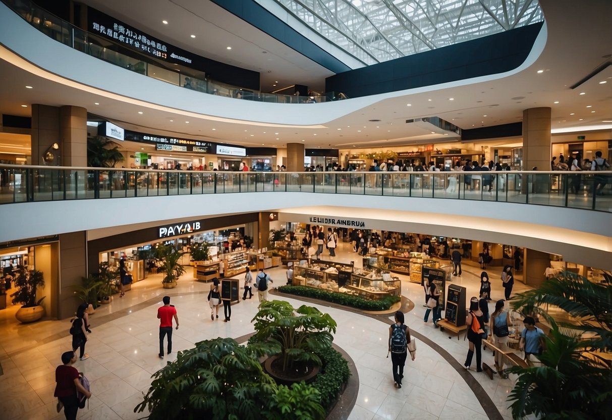 The bustling Paya Lebar shopping district features a wide array of furniture stores, with vibrant displays and customers browsing the latest designs