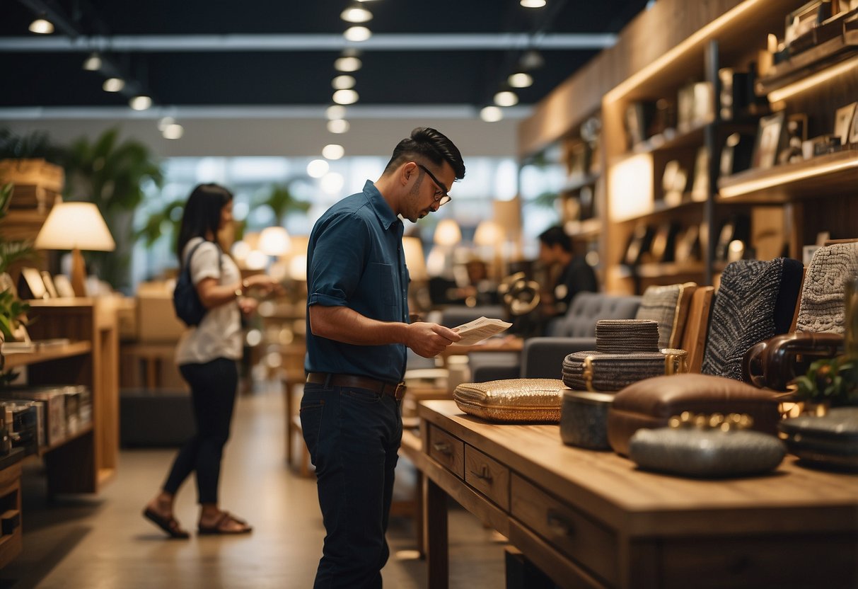 A customer browsing through a variety of furniture items at a Paya Lebar store, with a sign reading "Frequently Asked Questions" displayed prominently