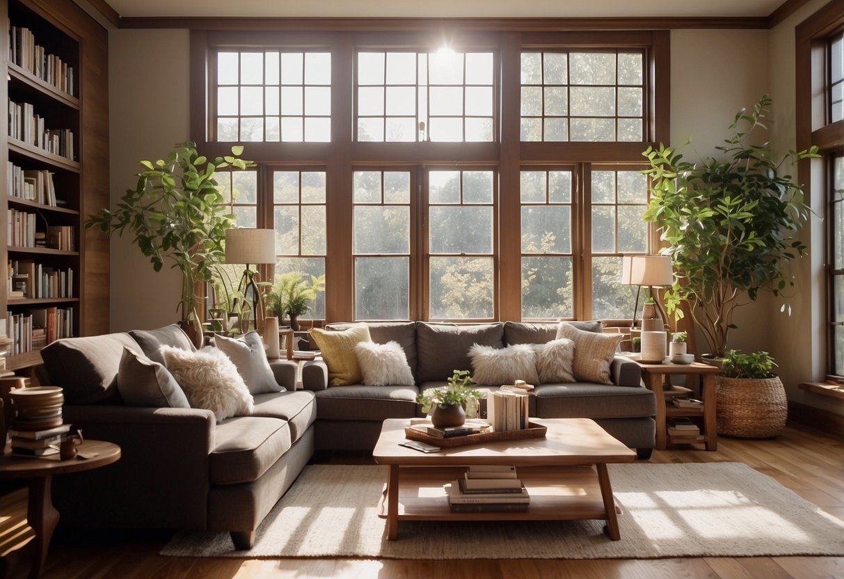 A cozy living room with a comfortable sofa, a coffee table, and a bookshelf filled with books and decorative items. The room is well-lit with natural light coming in through large windows