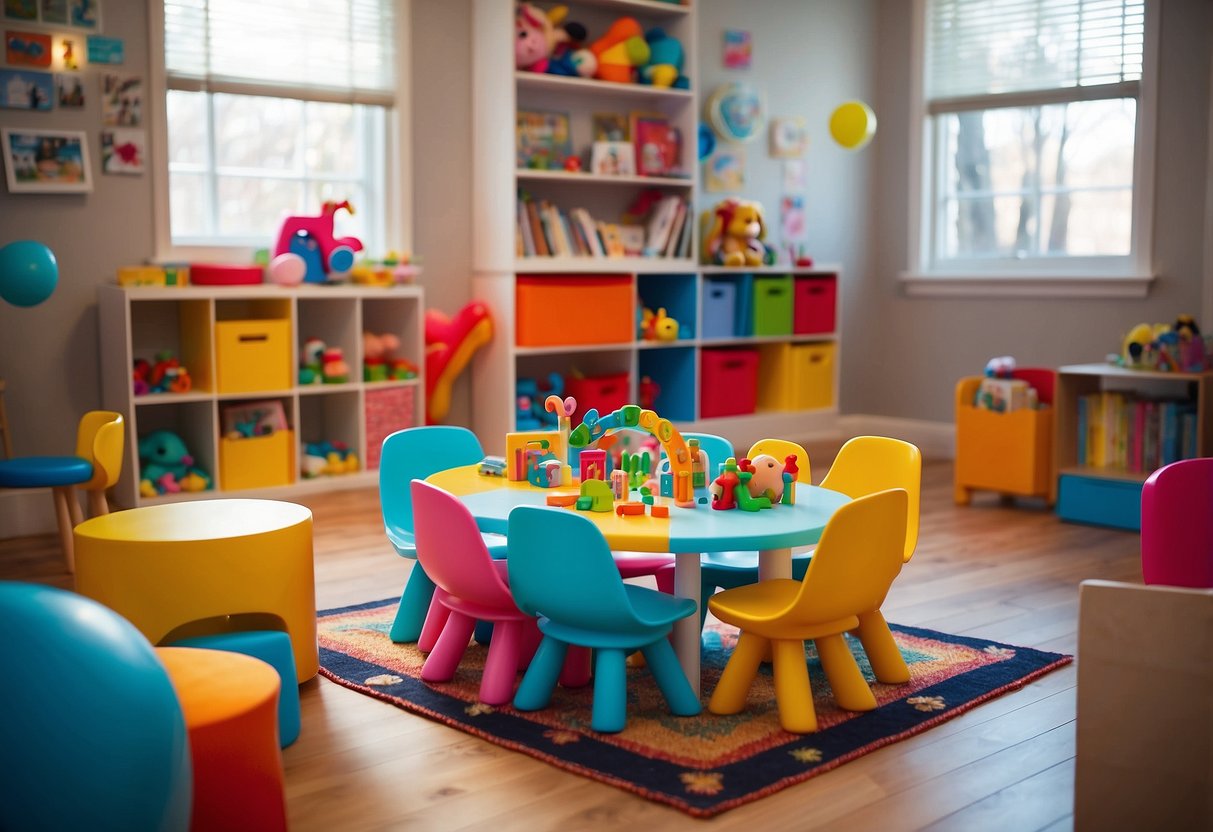 A colorful playroom with small chairs, tables, and bookshelves. Toys are scattered around the room, and a small rug covers the floor