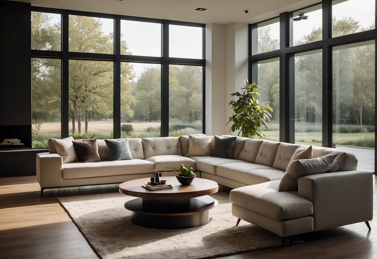 A modern living room with sleek F31 furniture, featuring clean lines and minimalist design. The space is filled with natural light, showcasing the elegant and functional pieces in a contemporary setting