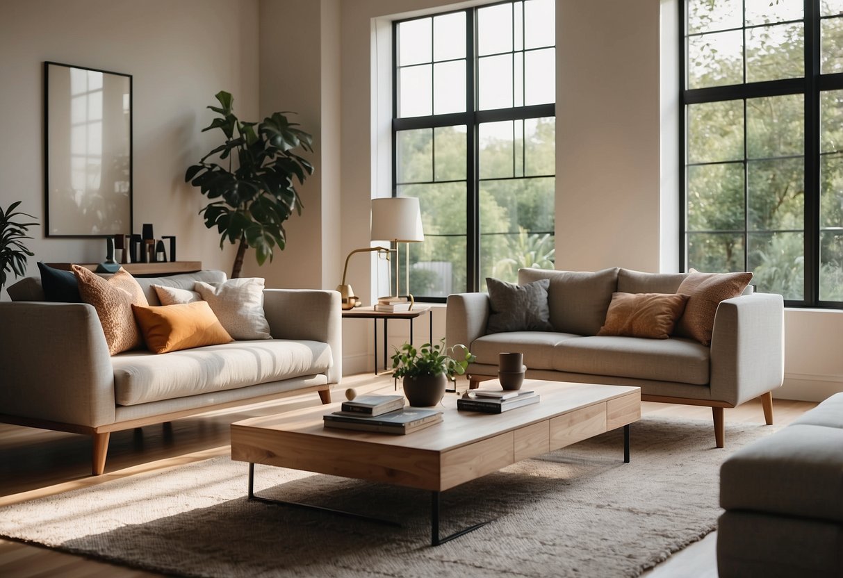 A modern living room with sleek furniture, a cozy sofa, and a stylish coffee table. Bright, natural light streams in through large windows, creating a warm and inviting atmosphere