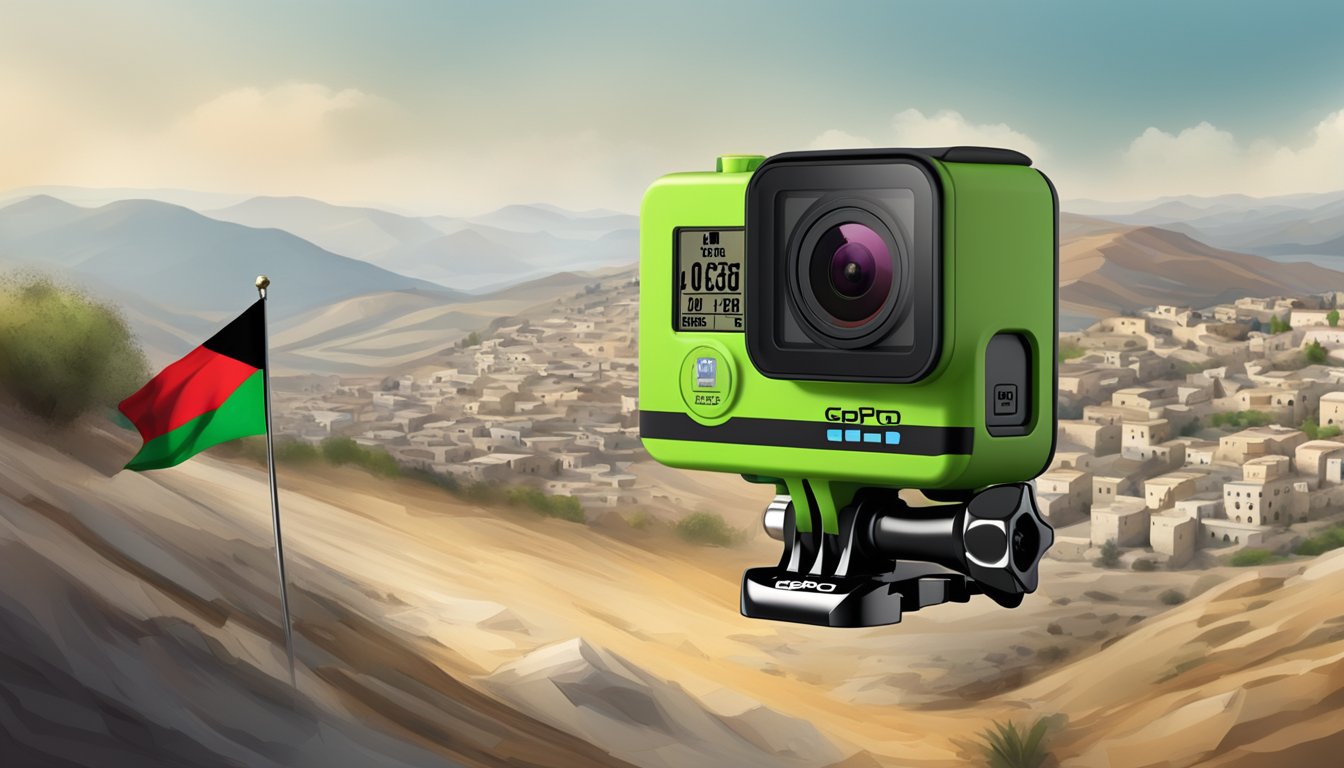 A GoPro camera with a Palestinian flag sticker attached, set against a backdrop of the Palestinian landscape