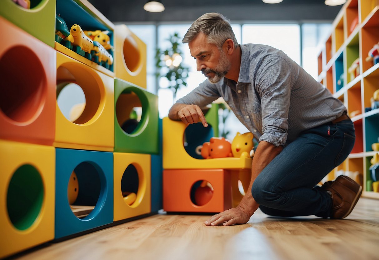 A parent carefully inspects sturdy, colorful kids' furniture in a well-lit showroom, considering safety and durability