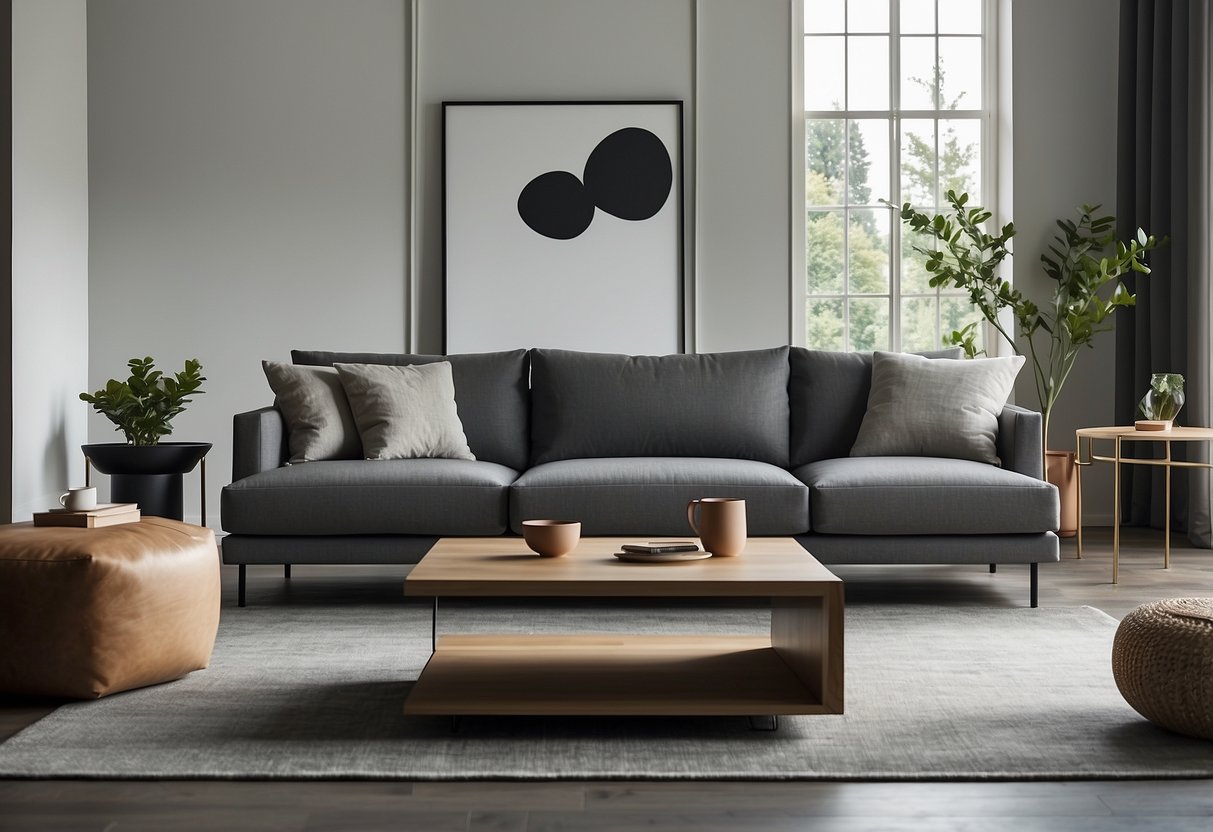 A modern living room with a sleek and minimalist f31 furniture set, including a sofa, coffee table, and sideboard, creating a stylish and inviting space