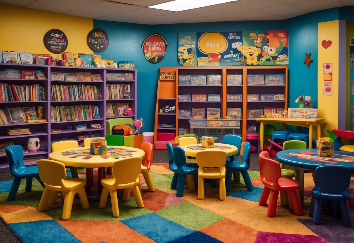 A colorful playroom filled with kid-sized tables, chairs, and bookshelves. A sign reads "Frequently Asked Questions kids furniture" in playful, bold letters