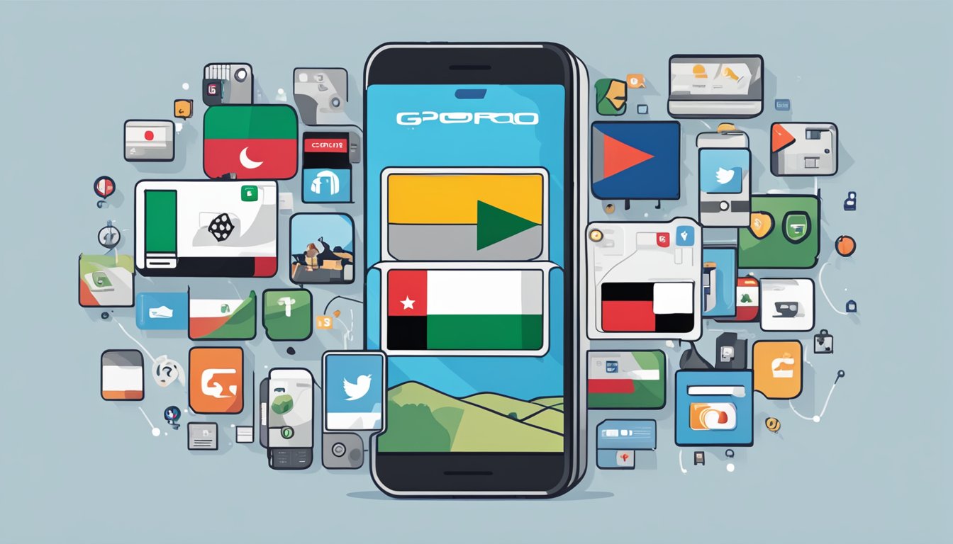 A smartphone with the GoPro logo on the screen, displaying social media posts about Palestine. Icons of likes, shares, and comments surround the screen