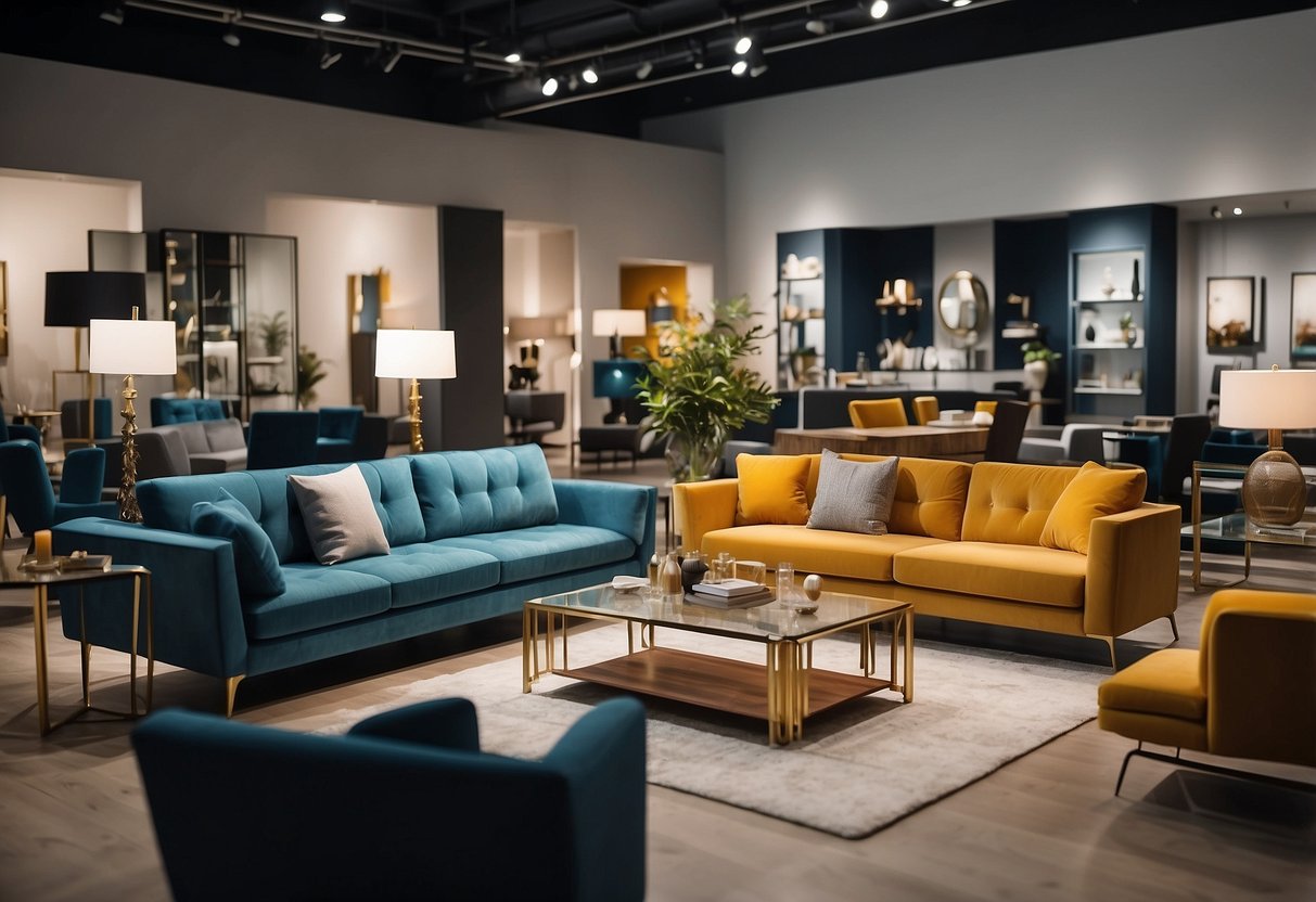 A spacious showroom displays modern furniture sets in various styles and colors, with price tags and product details neatly arranged throughout the store