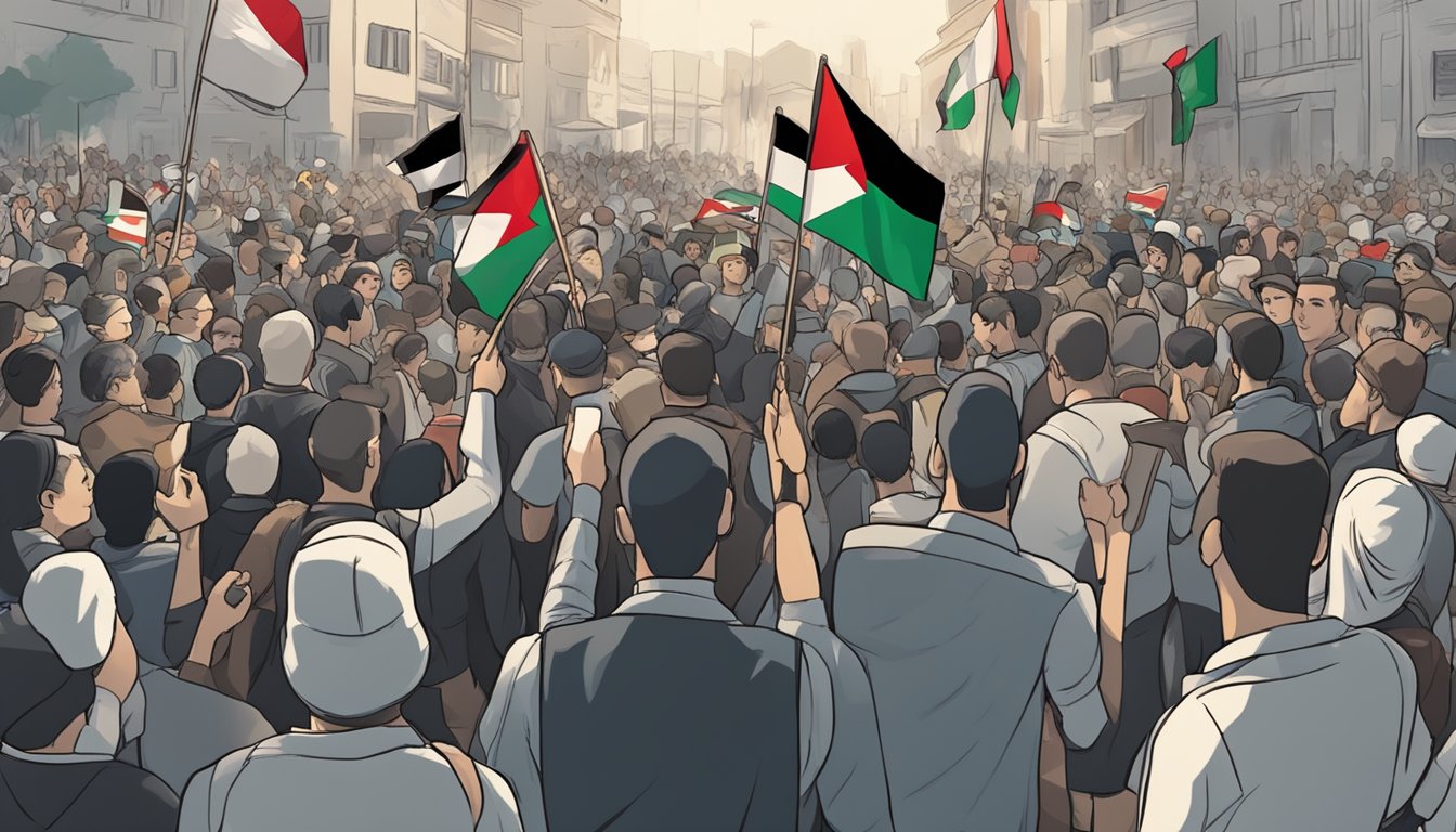 A crowd gathers around a GoPro display, holding signs with the Palestinian flag. Expectant faces look toward the camera, symbolizing consumer support for Palestine