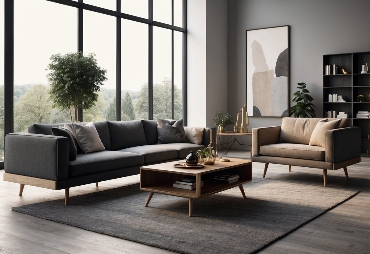 A modern living room with a sleek Rozel furniture set before purchase. The same room transformed with the new furniture after purchase