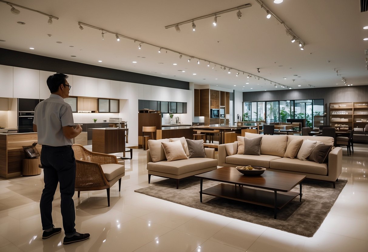 A customer browsing through a wide selection of Rozel furniture at the Toh Guan showroom, with staff assisting nearby