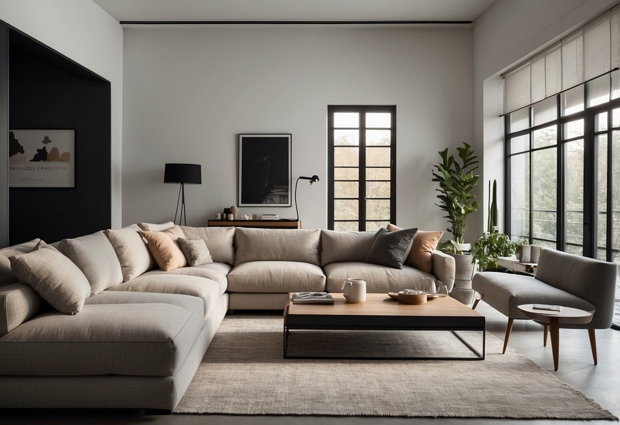 A modern living room with sleek, minimalist furniture from the VHive 2021 catalogue. Clean lines, neutral colors, and functional design