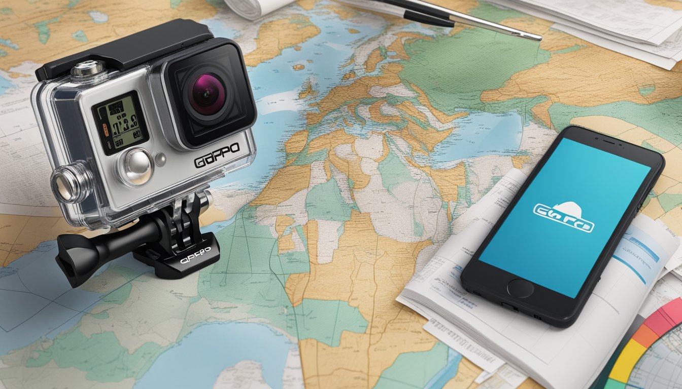 A GoPro camera sits on a table, surrounded by maps, news articles, and ethical business guidelines. The camera's lens is pointed towards a map of Palestine, indicating a focus on evaluating social impact and business ethics