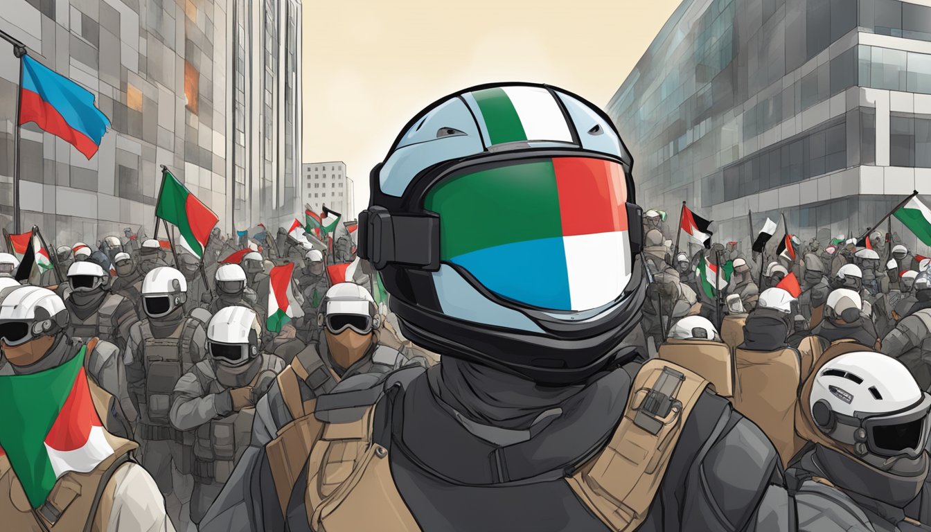 A GoPro camera mounted on a helmet, capturing a protest in front of a corporate building with flags and banners representing Palestine